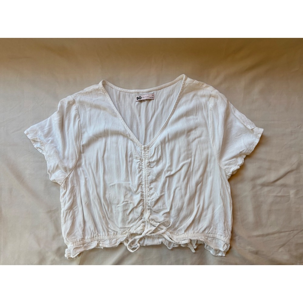 SO Goods White Boho Peasant Crop Top Plus Size 1X Short Sleeve Tie Front